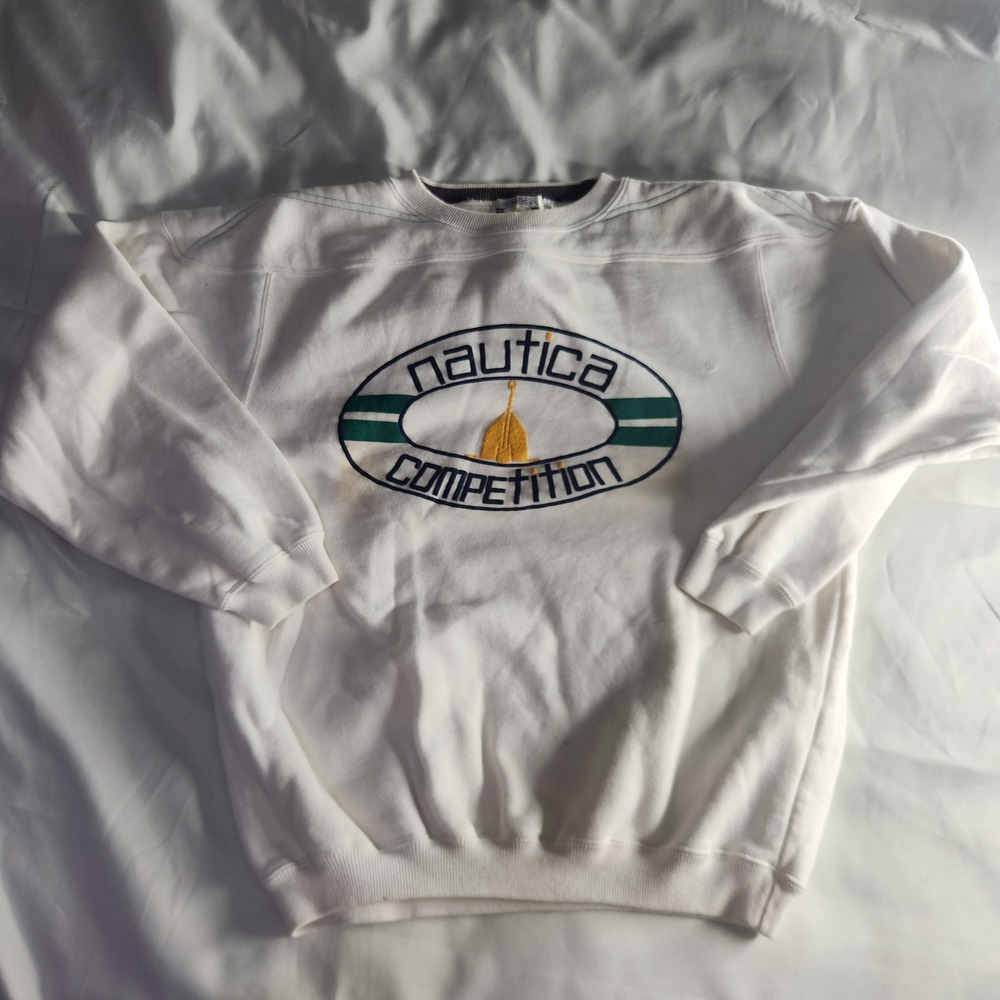 Vintage Nautica Competition White Spellout Embroidered Crewneck Sweatshirt